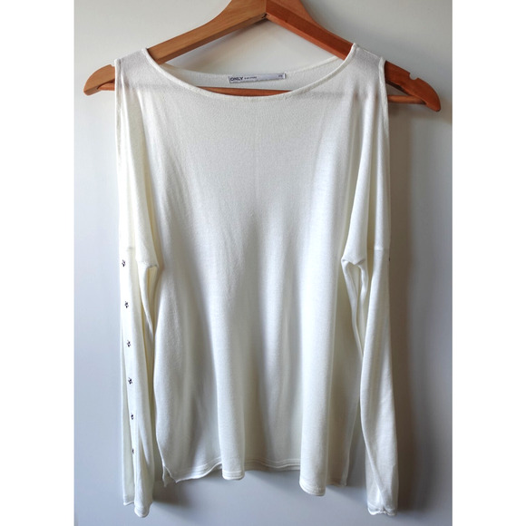 Only Our Story Top Womens XS White Cold Shoulder Star Stud Minimalist Sweater - Picture 1 of 8